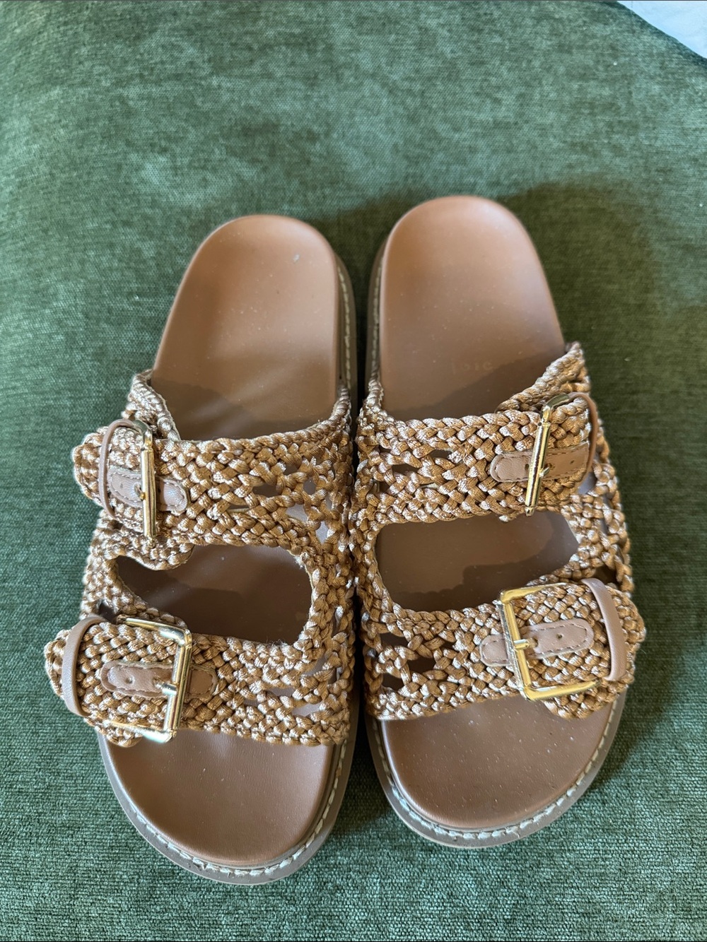 Joie Braided Buckle Slide Sandals - Tan & Gold